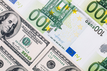 American one hundred dollar bills. Euro banknotes.