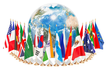 International global communication concept with flags around the Earth Globe, 3D rendering