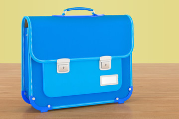 School bag, briefcase on the woden background, 3D rendering