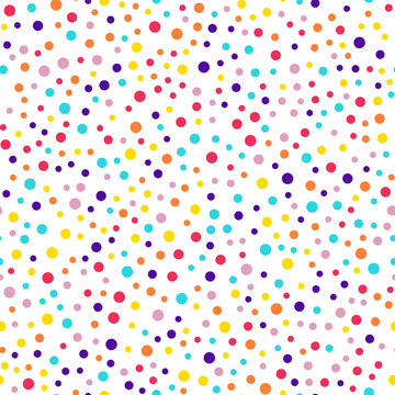 Memphis style polka dots seamless pattern on white background. Cute modern memphis polka dots creative pattern. Bright scattered confetti fall chaotic decor. Vector illustration.