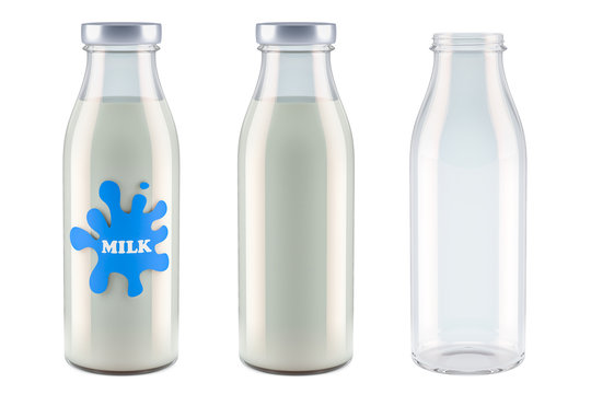 Milk bottles with label, full and empty. 3D rendering
