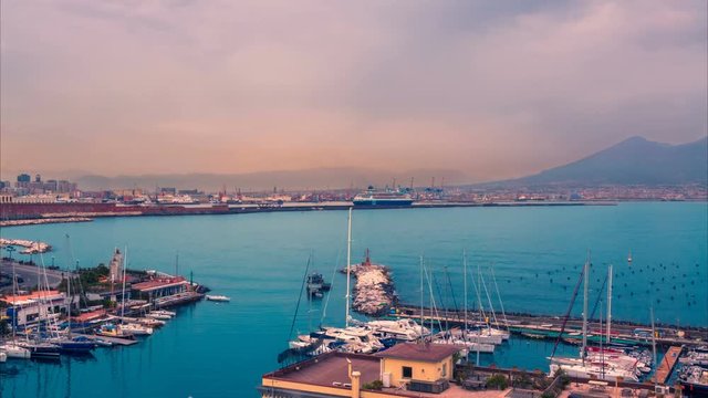 Naples, Italy. View of Porto di Santa Lucia. Vesuvius on the background. Time lapse
