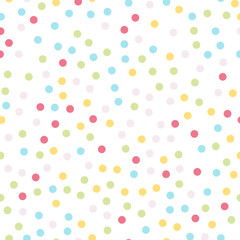 Colorful polka dots seamless pattern on white 4 background. Adorable classic colorful polka dots textile pattern. Seamless scattered confetti fall chaotic decor. Abstract vector illustration.