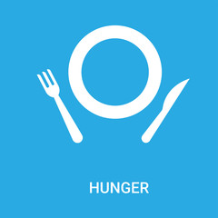 hunger icon on blue background, in white, vector icon illustration