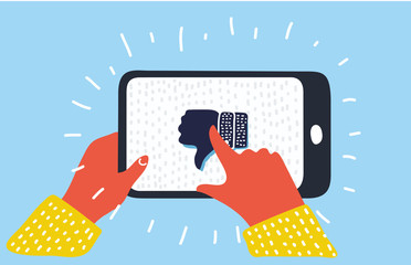 Hand holding smartphone. Dislike on screen. Social network and media on mobile phone. 