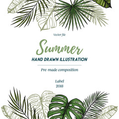Summer tropical exotic template. Label with Palm leaves (monstera, areca, fan, banana). Hand drawn vector illustration. Perfect for prints, posters, invitations, packing etc