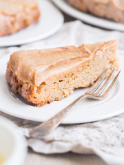 Slice of rustic upside down gluten and sugar free paleo pear cake
