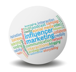 influencer marketing word cloud on globe against light grey background