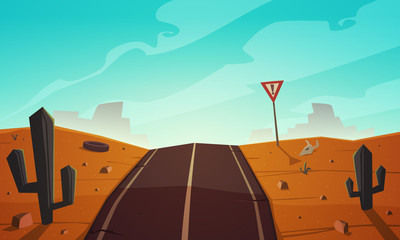 The cracked asphalt road trough the desert landscape. Cartoon vector illustration.
