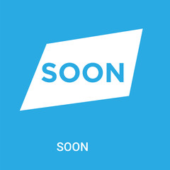 soon icon on blue background, in white, vector icon illustration