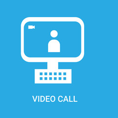 video call icon on blue background, in white, vector icon illustration