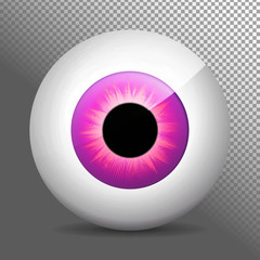 Eye, purple. Realistic 3d violet eyeball vector illustration. Real human iris,pupil and eye sphere. Icon on transparent background. Isolated macro color eyeball. Character eyes design. Circle close up