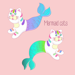Two mermaid cats with colorful tails