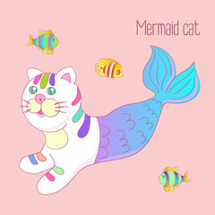 Cute mermaid cat purrmaid with purple tail