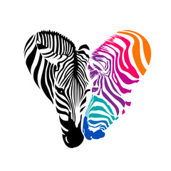 Zebra head, Black and colorful  in heart shape. Icon design, Wild animal texture. Illustration isolated on white background.