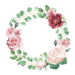 Watercolor Roses and Greenery Wreath