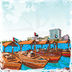 Fototapeta na wymiar Watercolor splash Old traditional boats on the Bay Creek in Dubai, United Arab Emirates, UAE. Hand drawn sketch. Piers of traditional water taxi in Deira area. Famous tourist destination. Vector.