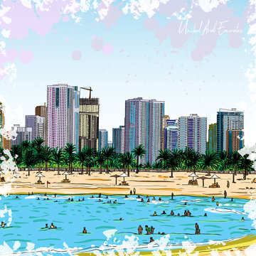 Watercolor splash sketch of Marina Dubai UAE. City and beach coast with sand beaches and people swimming at United Arab Emirates. Illustration. Vector.