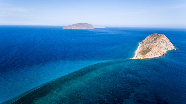Aerial panoramic views of isla San diego, Baja California 
Sur, Mexico. Sea of cortez.