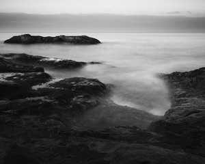 Black and white long exposure of sea rocks in the morning, Kanagawa Prefecture, Japan
