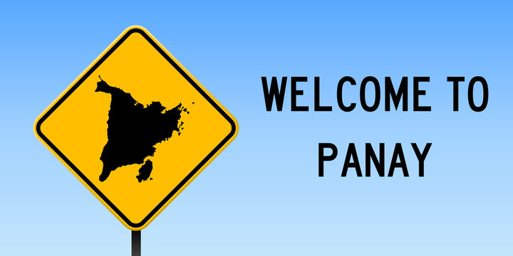 Panay map on road sign. Wide poster with Panay island map on yellow rhomb road sign. Vector illustration.