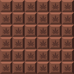 Texture of chocolate bar with marijuana leaf. Chocolate background. Narcotic sweets. Isolated vector illustration on white background.