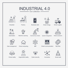 Industry 4.0 and smart productions icon set: smart industrial revolution, automation, robot assistants, cloud and innovation.