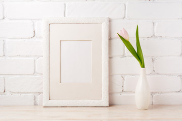White frame mockup with tender pink tulip