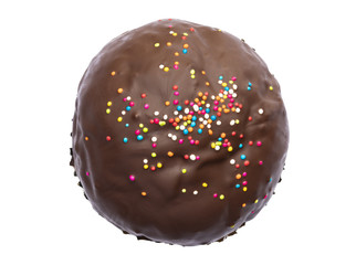 top view of chocolate coated cupcake isolated on white background
