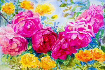 Painting watercolor flowers landscape pink yellow color of roses.