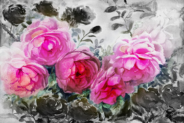 Malarstwo akwarela kwiaty krajobraz różowy czarny kolor róż. - 200474519