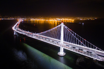 San Francisco Oakland Bay Bridge Aerial View at Night