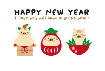 いのしし鏡餅と猪だるまといのしし雑煮　英字