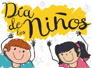 Cute Kids with Hands High for Children's Day in Spanish, Vector Illustration