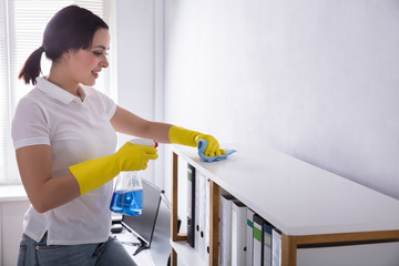 Janitor Cleaning Shelf With Rag