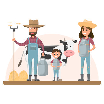 Farmer Cartoon Character With Milk Cow In Organic Rural Farm