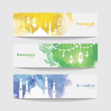 Ramadan Kareem Watercolor Design. Colorful Cloud Ramadan Celebration Banner, Vector Illustration for greeting card, poster and voucher.