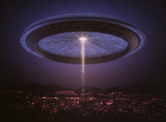3D illustration. Space alien ship UFO over the city. Conceptual image of ufology.