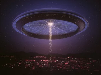 Poster 3D illustratie. Ruimte buitenaards schip UFO over de stad. Conceptueel beeld van ufologie. © ktsdesign