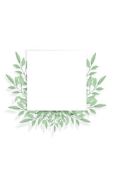 A square frame with watercolor-drawn green leaves on a white background. Isolated and space for your text.