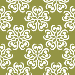 White floral seamless pattern on olive green background