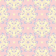 Floral seamless pattern. Pale pink background with light blue and yellow flower elements