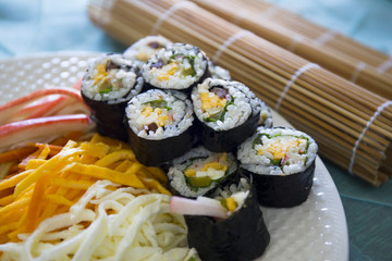 Kimbap filled with vegetables, egg and ham