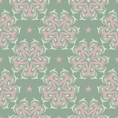 Olive green floral seamless pattern with pale pink elements. Background with flower designs