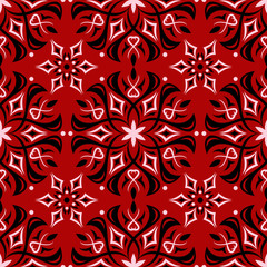 Floral seamless background. Black and white flower pattern on red