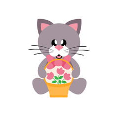 cartoon cute cat sitting with tie and basket with flowers