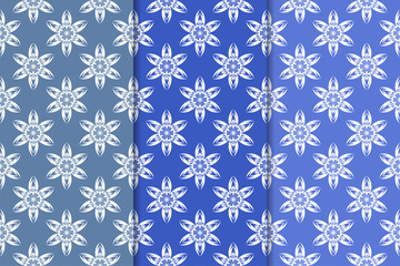 Set of blue floral ornamental designs. Vertical seamless patterns