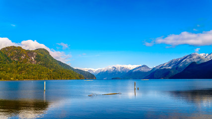 Pitt Lake with the Snow Capped Peaks of the Golden Ears, Tingle Peak and other Mountain Peaks of the surrounding Coast Mountain Range in the Fraser Valley of British Columbia, Canada