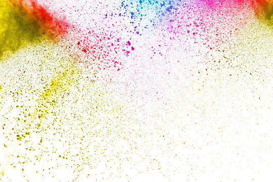 Abstract multicolored dust explosion on white background.Abstract color powder splatted background