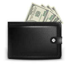 A realistic black purse with a payment card and coins